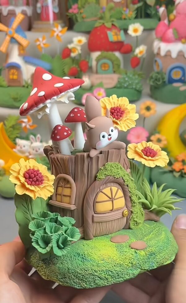11-1 Handmade Squirrel Clay Tree House – Cute Miniature Fairy Cottage Decor