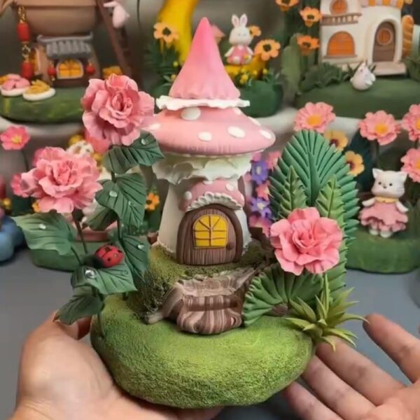 111 Handmade Clay Fairy House Garden Scene – Whimsical Mushroom Cottage Miniature Decoration Gift