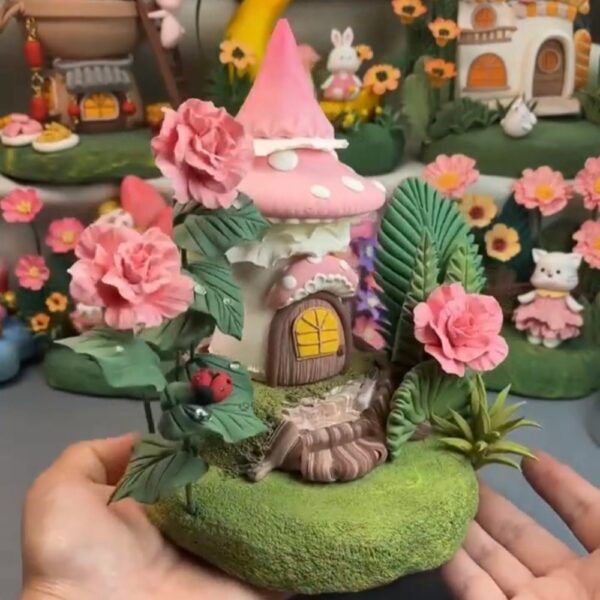 1112 Handmade Clay Fairy House Garden Scene – Whimsical Mushroom Cottage Miniature Decoration Gift