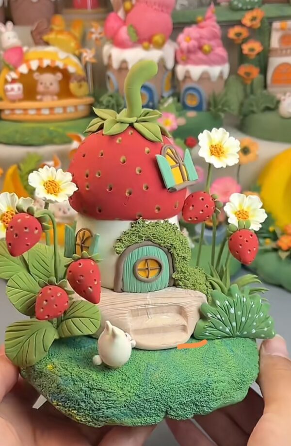 12-1 Handmade Strawberry Clay Fairy House – Miniature Cottage Decor Gift