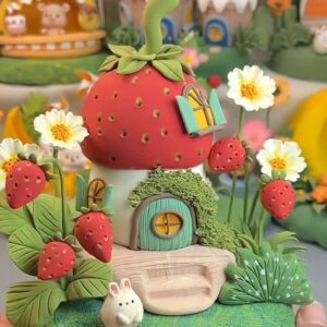 12 Handmade Strawberry Clay Fairy House – Miniature Cottage Decor Gift