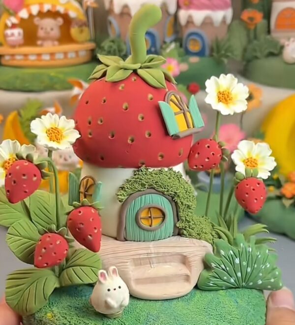 12 Handmade Strawberry Clay Fairy House – Miniature Cottage Decor Gift